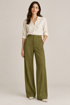 Sfeerbeeld van broek in olijfgroene Woven Bamboo twill