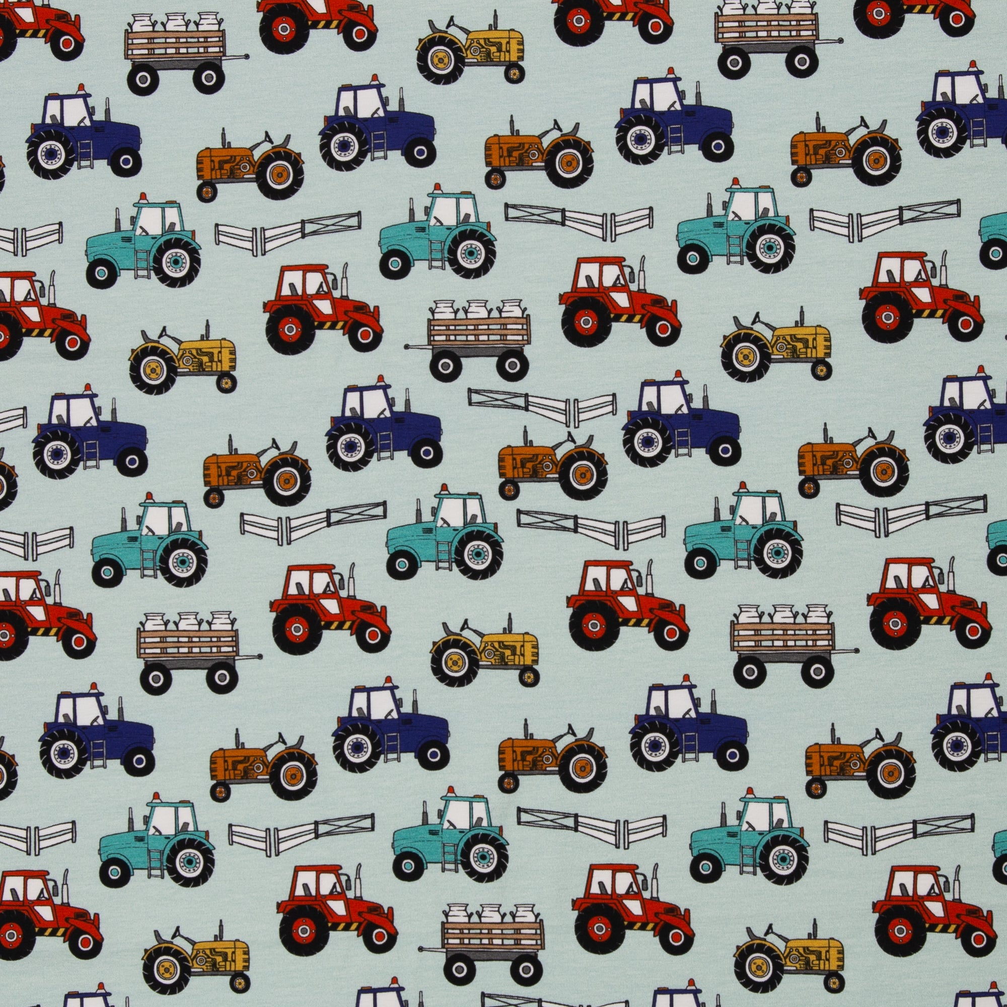 Theo Cotton Jersey – 95 % Katoen / 5 % Elastaan, Tractorenprint op Mintgroen - Stitch & Sew