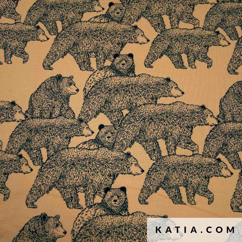 Tricot Jersey “Dancing Bear” – 95% katoen, 5% elastaan. 145–150 cm breed, 210 g/m². Vrolijke berenprint op oranje achtergrond. OEKO-TEX gecertificeerd—perfect voor kinderkleding