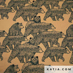 Tricot Jersey “Dancing Bear” – 95% katoen, 5% elastaan. 145–150 cm breed, 210 g/m². Vrolijke berenprint op oranje achtergrond. OEKO-TEX gecertificeerd—perfect voor kinderkleding