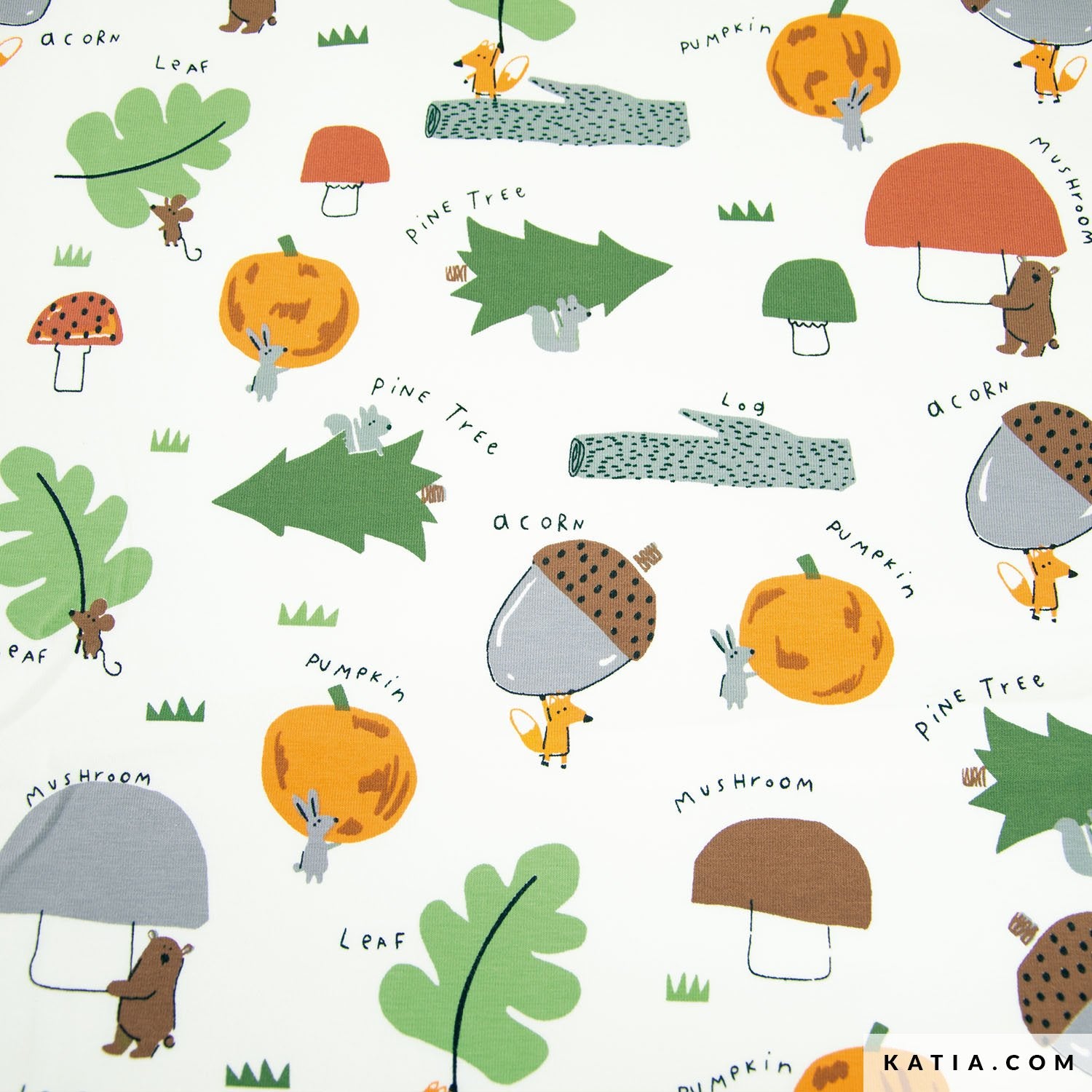 Tricot jersey Winter Harvest – katoen elastaan, 145–150 cm breed. Zachte herfststof met eekhoorns & pompoenen. Ideaal voor kinderkleding.